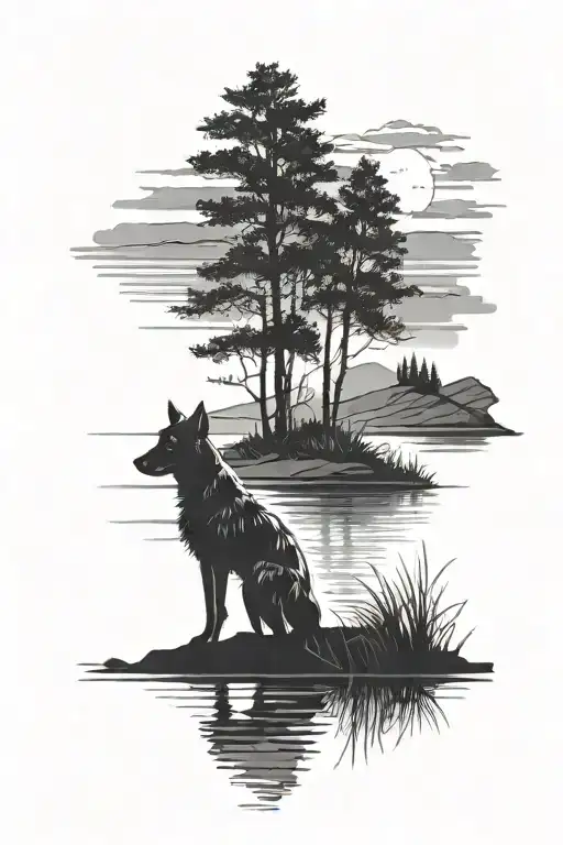 Silhouette Of A Man Standing Next To His Dog Overlooking A Lake