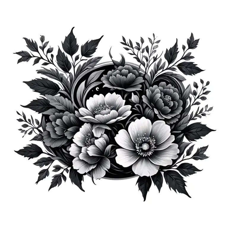 Floral Swirling Leaves And Flowers In Crescent Shape