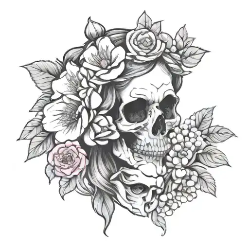 Half Skull Face Half Real Face Persephone Holding Pomegranate With Flowers