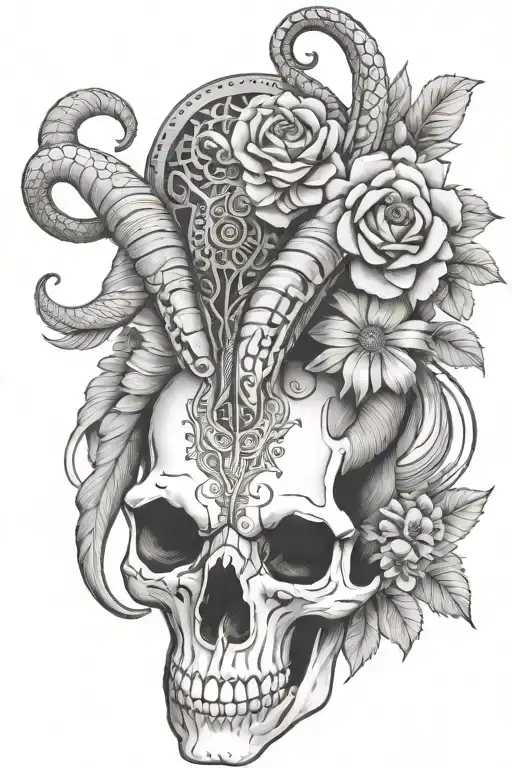 Ram Skull With Snake Wrapped And Florals And Mandalas