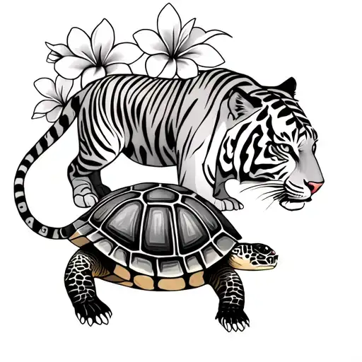 Tiger Next To Turtle With Franjipani