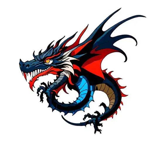 Dragon With Alas In Colors Black Blue And Red