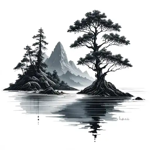 Fractal With Trees Mountains And Beach Scene