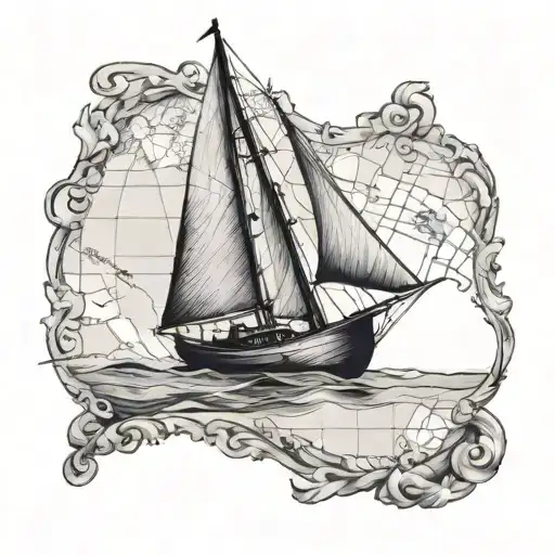 A Free Hand A Sketch Of A Sailboat And The Atlantic Map In The Background