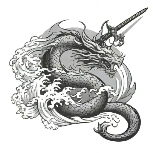 Japanese Waves And Dragon With A Sword