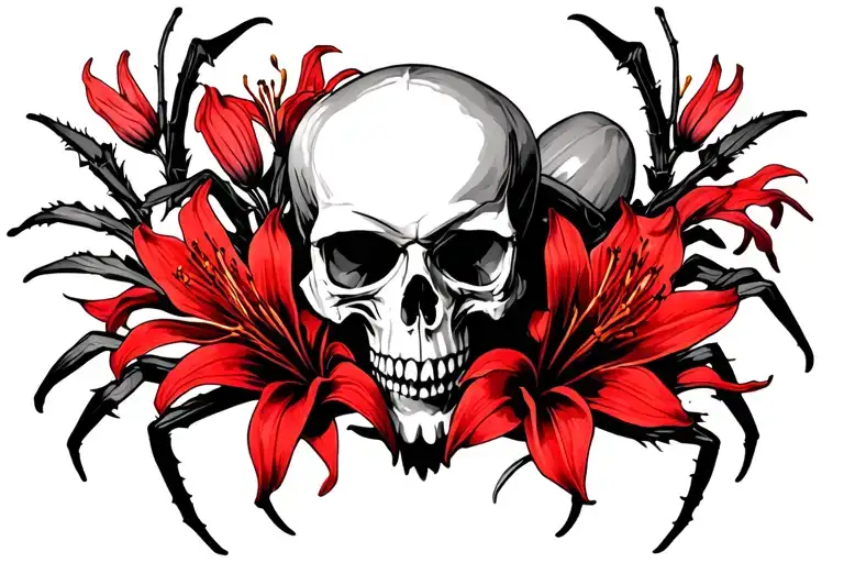 Skulls Intertwined With Red Spider Lilies