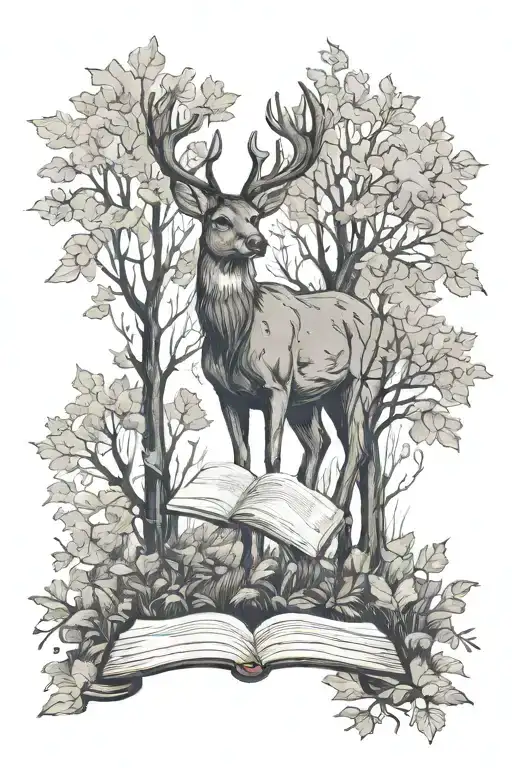 Deer In Autumn With Book Leaning Up Against Tree