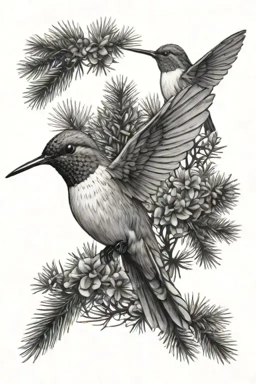 Hummingbird Surrounded By Pine Trees