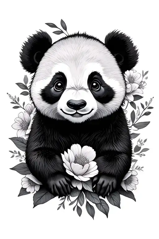 Cute Panda With Flowers Surrounding