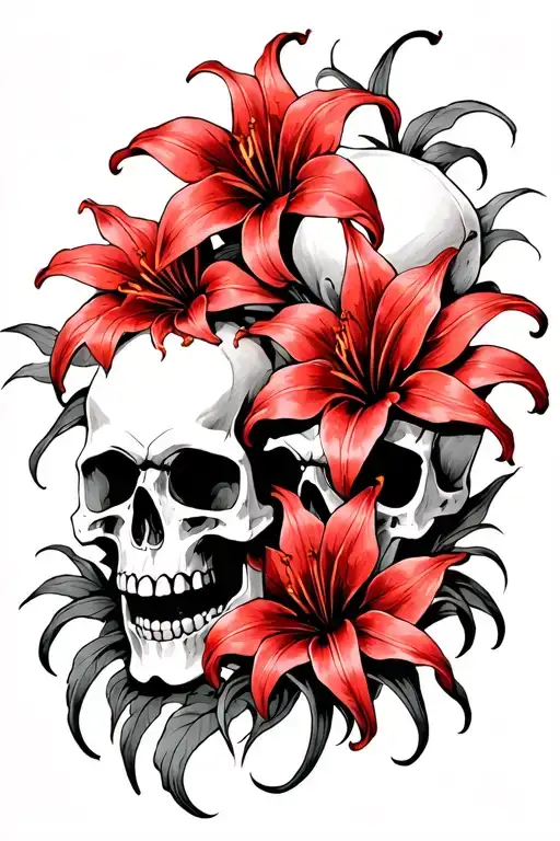 4 Skulls Facing Diagonally With 3 Red Spider Lilly Flowers Intertwined