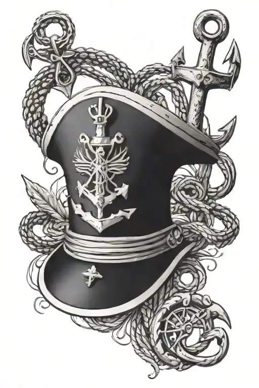A Tattoo Of A Naval Chief's Hat Surrounded By Various Nautical Elements Like Anchors And Ropes