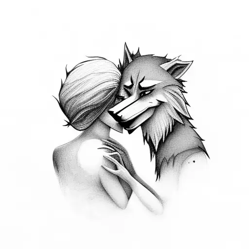 A Mystical Werewolf And A Peaceful Fairy Embracing Each Other In A Minimalist Style