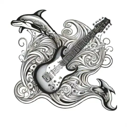 Guitar Fretboard Morphing Into Waves With Dolphins