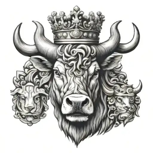 Photo Realistic Taurus With A King Crown On The Head Front View