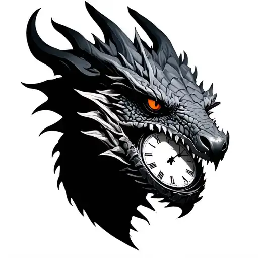 Profile Dragon Face With A Clock In Its Legs
