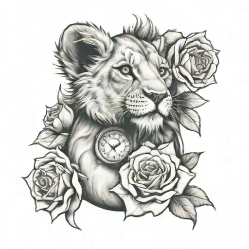 Baby Lion With Time Clock And Roses Surrounding
