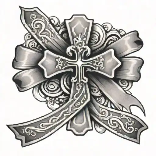 Cross With A Gray Brain Cancer Ribbon Draped Across The Back