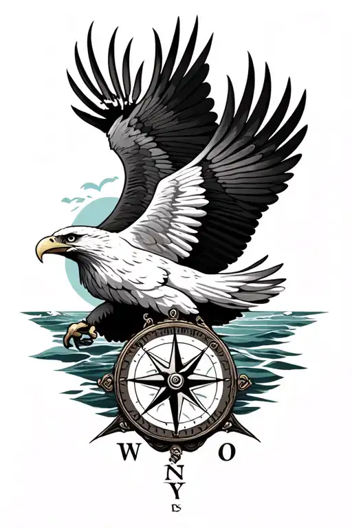 Eagle Soaring Over Sea With A Compass