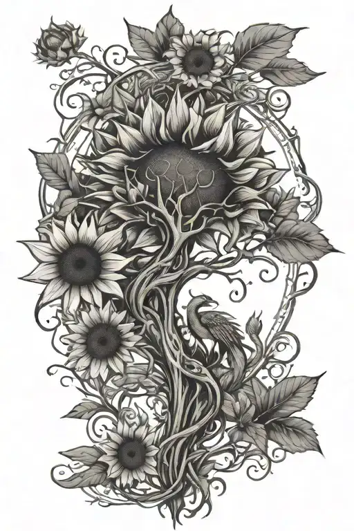 Sunflower With Tree Of Life And Dragon Around It For Forearm