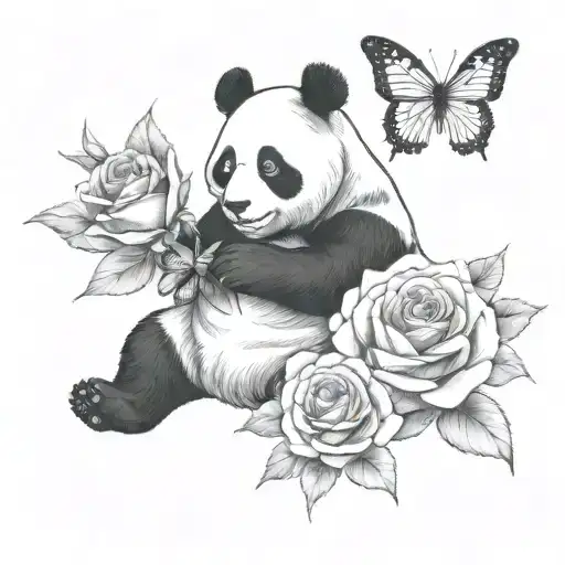 Panda Sitting On An Open Rose Reaching For A Butterfly