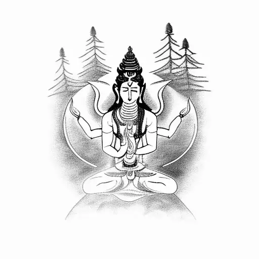 A Blackwork Tattoo Of Lord Shiva Meditating In A Serene Mountain Setting