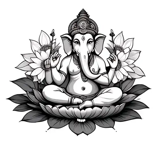 Ganesha Sitting In Lotus With Surrounding Flowers