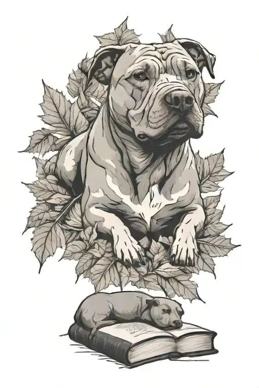 A Minimalist Tattoo Of A Pitbull Lying In A Pile Of Fall Leaves With A Book Beside It
