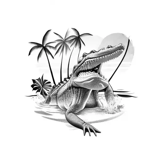 A Realistic Crocodile Swimming In A Tropical Paradise With Palm Trees And A Sunset In The Background