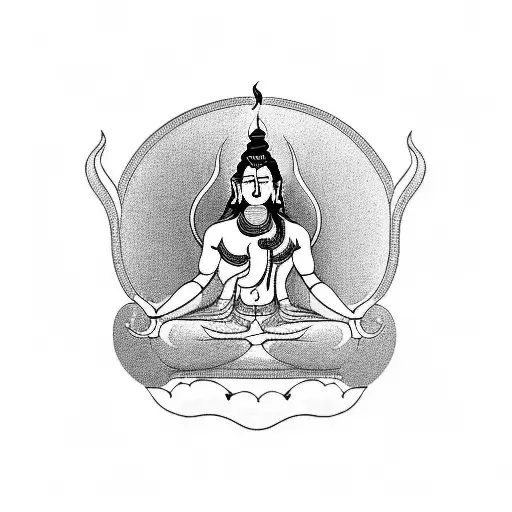 A Blackwork Tattoo Of Lord Shiva Meditating In A Serene Mountain Setting