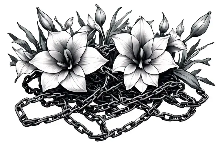 Multiple Small Broken Chains Intertwined With Small Amaryllis Flowers In The Background