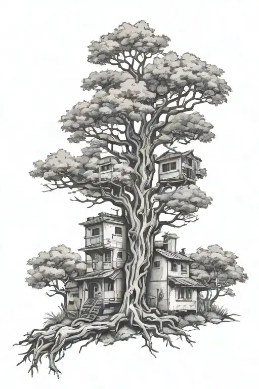 Tree With Buildings On Branches