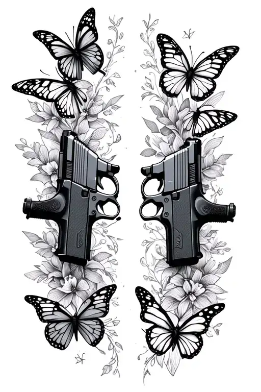 2 Pistols Crossing Each Other Needle And Thread In The Middle Accent With Butterflies