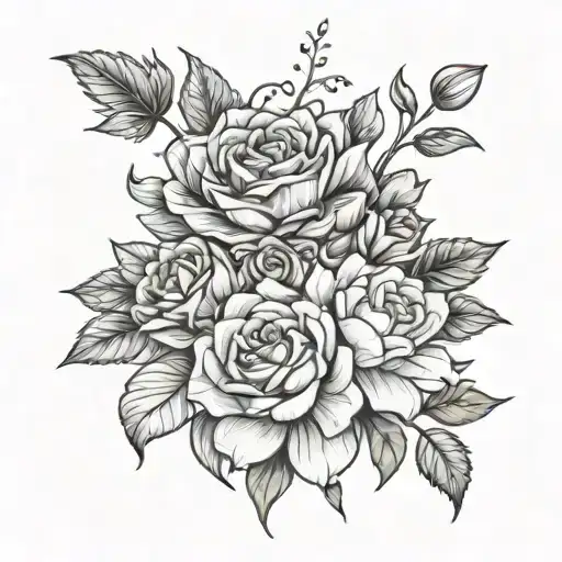 Rose And Water Lily And Carnation Flower Bouquet Thin Outline