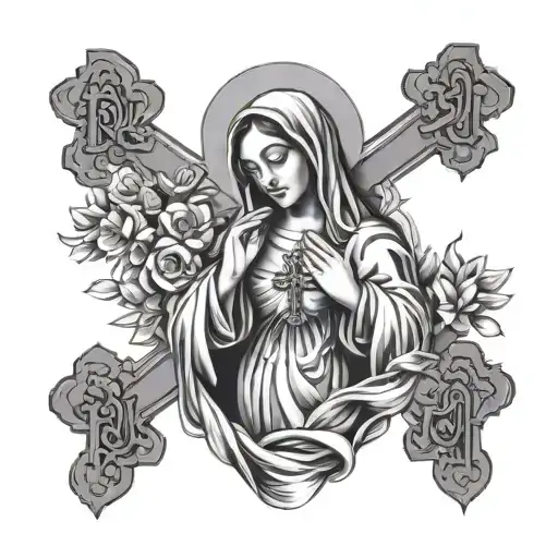 Virgin Mary Praying Surrounded By 3 Crosses