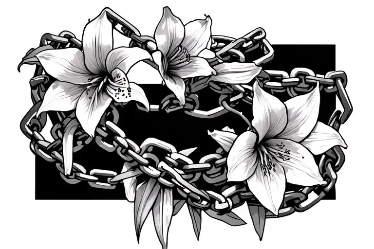 Multiple Small Broken Chains Intertwined With Small Amaryllis Flowers In The Background