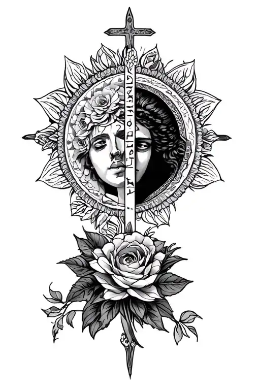 Self Worth And Religion Patch Work Arm Sleeve Tattoo Fine Line