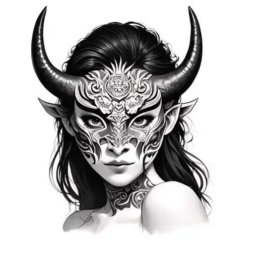 Asian Woman Face With An Oni Mask In The Middle Face