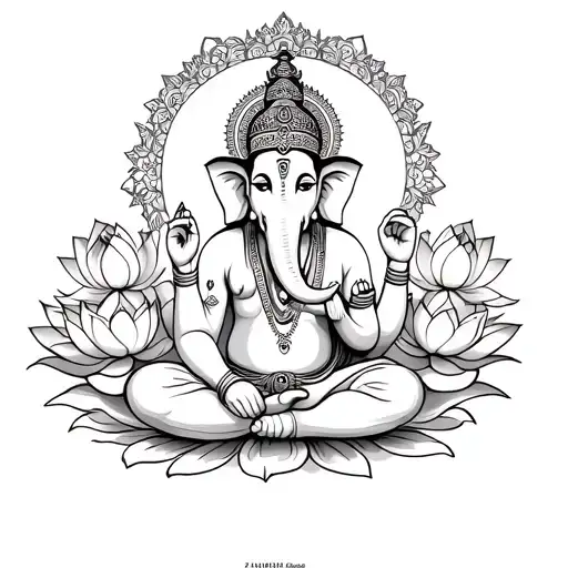 Ganesha Sitting In Lotus With Surrounding Lotus Flowers
