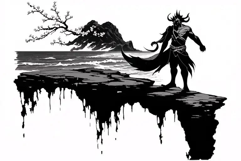 Oni Standing On The Side Of A Cliff Edge Overlooking The Ocean With Cherry Blossom Behind Him
