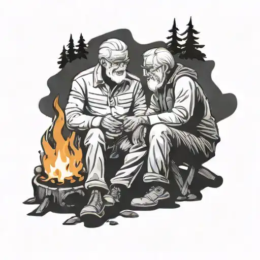 Grandfather And Grandson Sitting In Front Of A Campfire