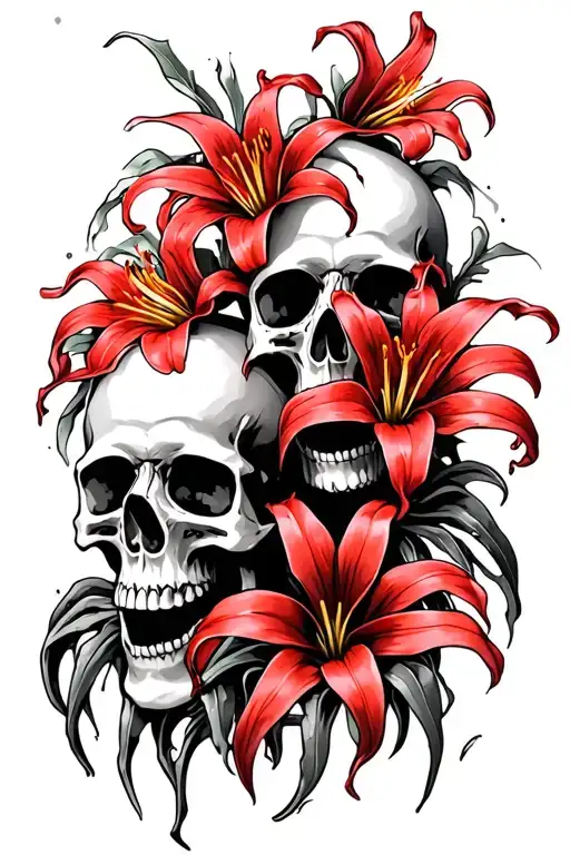 4 Skulls Facing Diagonally With 3 Red Spider Lilly Flowers Intertwined