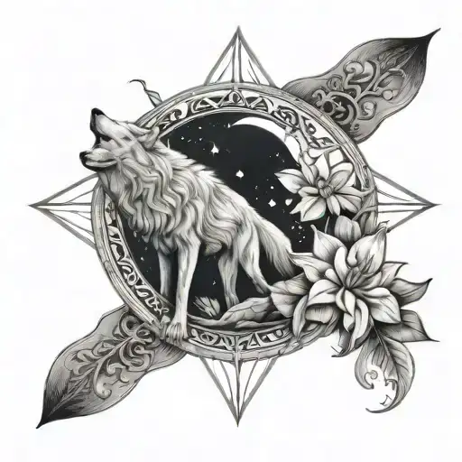 White Wolf Black Moon And Lily With Geometry
