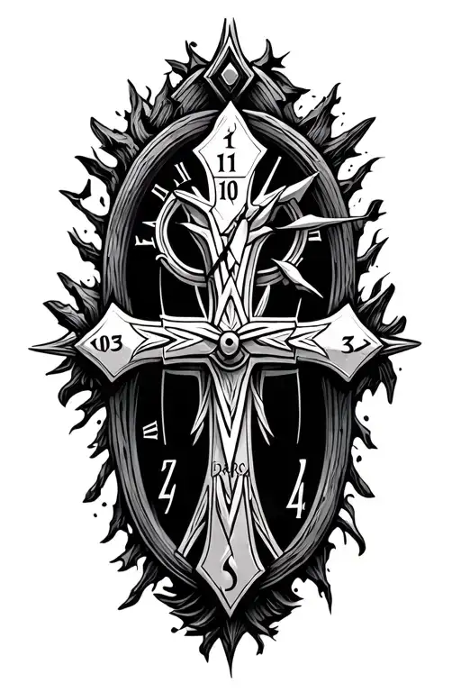 Nordic Cross With A Clock Behind It With The Hands On 10 & 3 With A Viking Theme As The Background