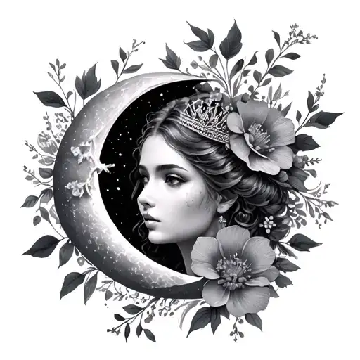 Waning Crescent Moon Delicate Flowers And Women Crown