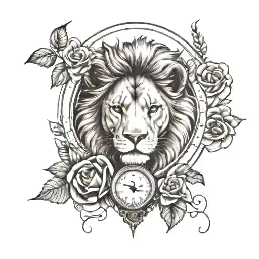 Baby Lion Head With Big Time Clock And Roses Surrounding For A Forearm Sleeve