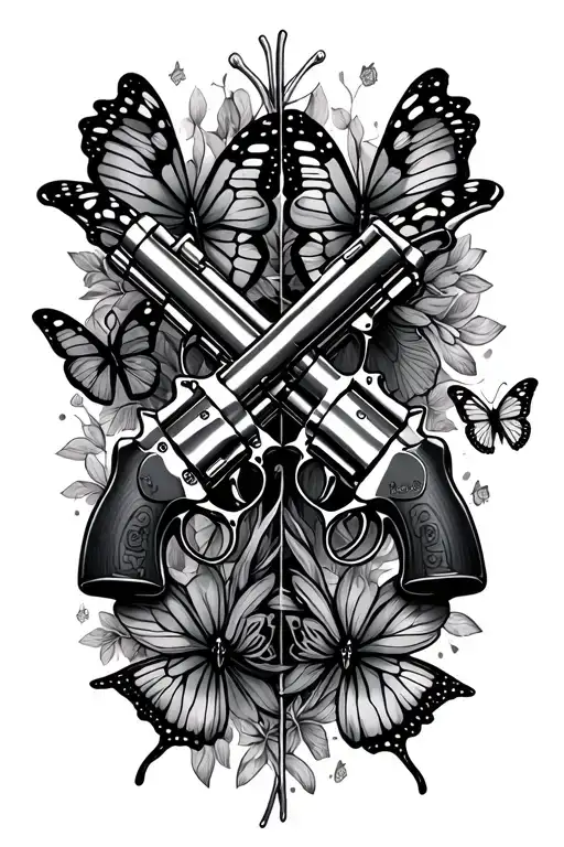 2 Revolver Pistols Crossing Each Other Needle And Thread In The Middle Accent With Butterflies