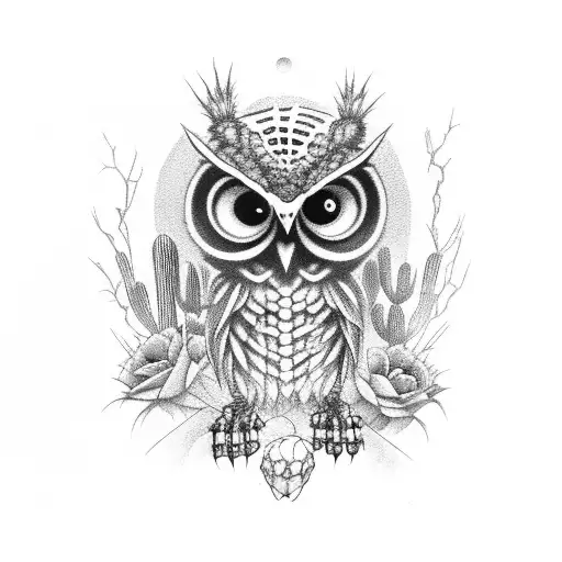 Creepy Half Skeleton Owl With Cactus Having Red Accents
