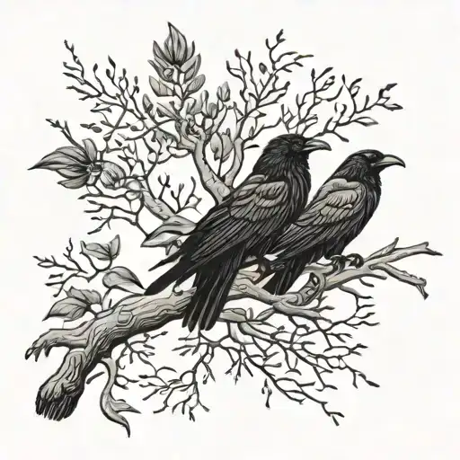 A Tree Branch With Three Crows Sitting On It And A Crow Flying Away