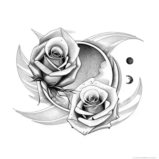Black And Gray Realistic Crescent Moon With Pink Roses