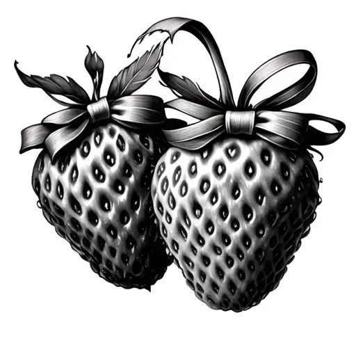 Two Fine Line Realistic Strawberries Connected With A Bow